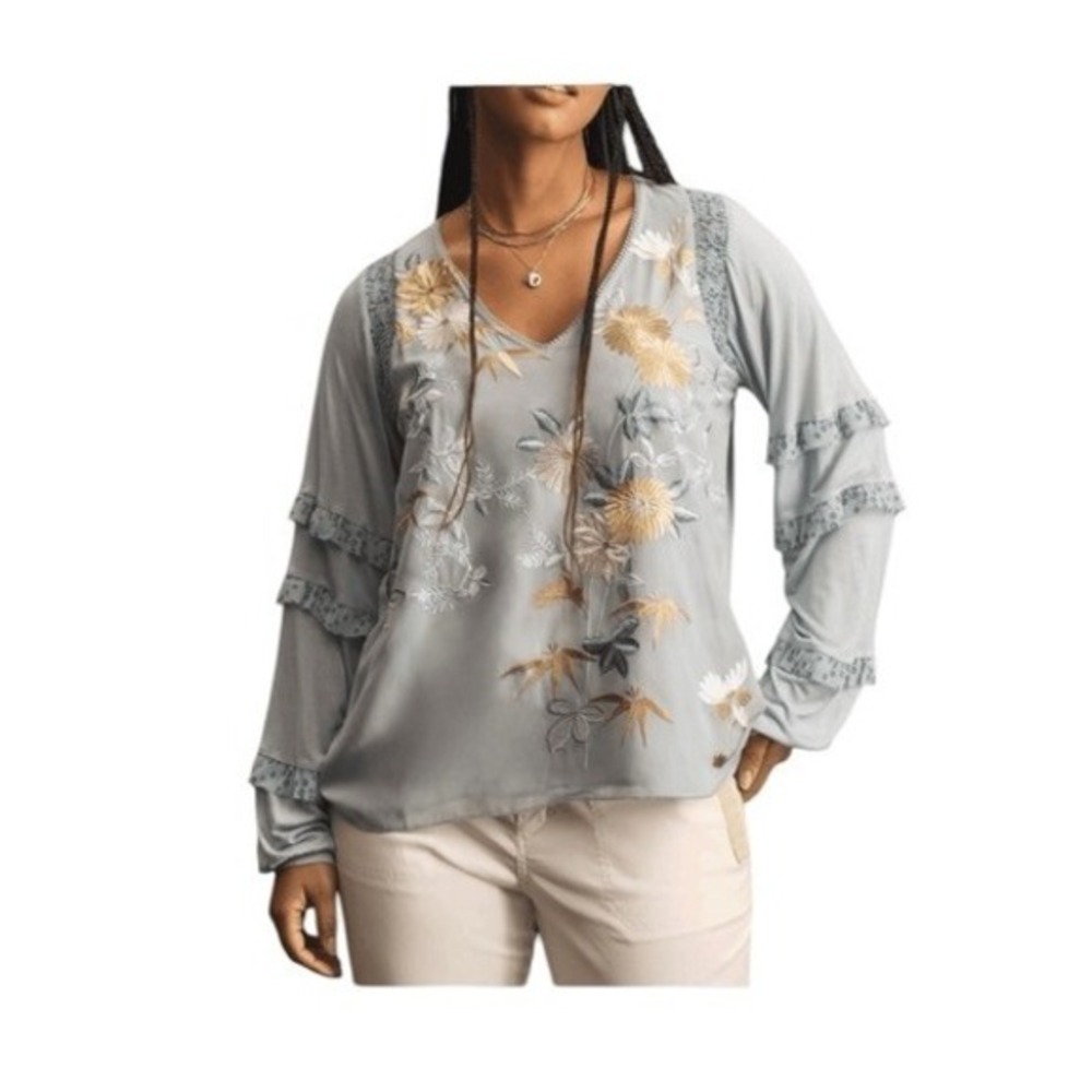 Tiny Anthropologie Frances Blouse Blue Floral Embroidered Long Sleeve Ruffled XS